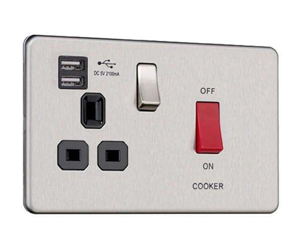 Flat Plate Screwless 45 AMP Cooker Switch Socket Outlet with Dual USB Charger (2.1A)
