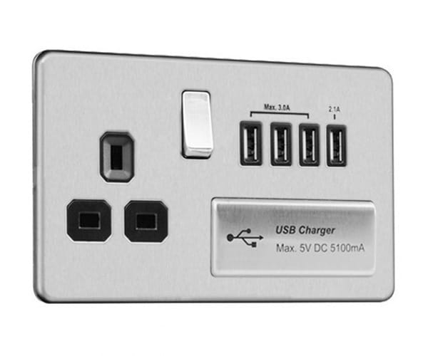 Flat Plate Screwless 13 AMP Socket Outlet with Quad USB Charger (5.1A)