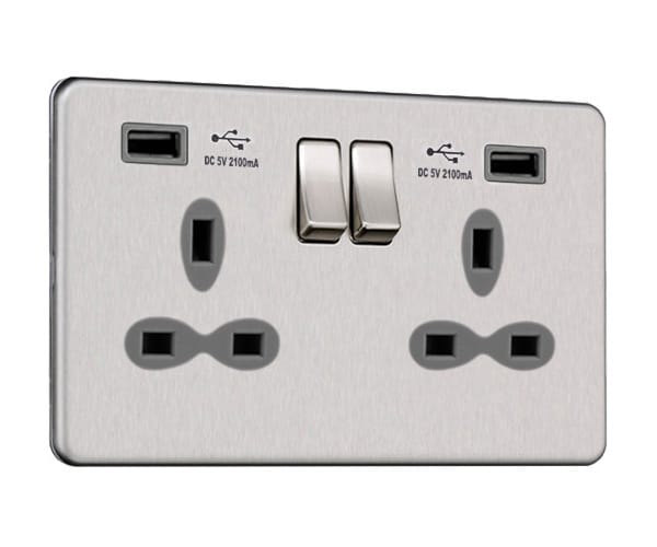 Slimline Screwless 2G Socket with Dual USB Charger (2.1A)