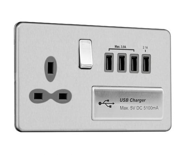 Slimline Screwless 13 AMP Socket Outlet with Quad USB Charger (5.1A)