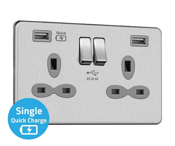Slimline Screwless 2G Socket with Dual USB Charger (4A – Type A + Type A Quick charge)