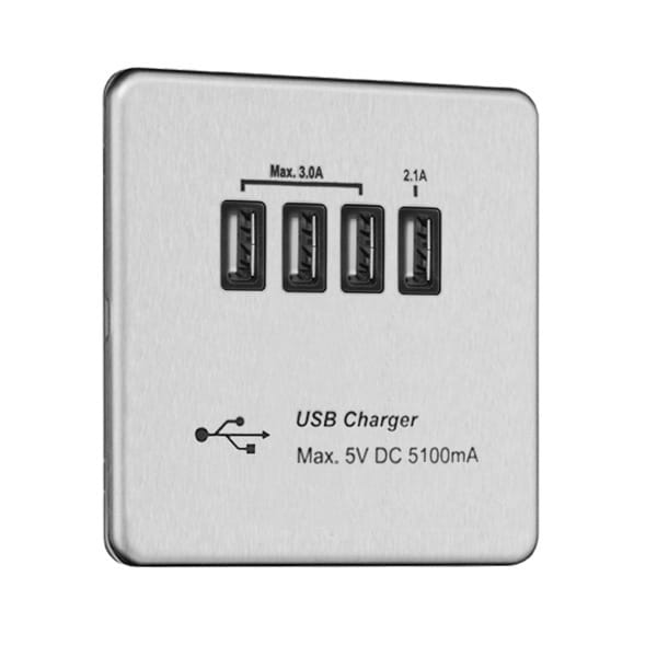 Slimline Screwless USB Socket Outlet with Quad USB Charger (5.1A)