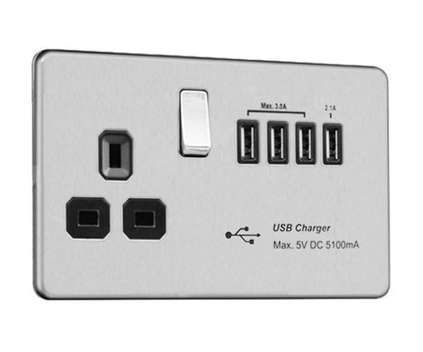 Slimline Screwless 13 AMP Socket Outlet with Quad USB Charger (5.1A)
