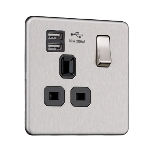 Flat Plate Screwless 1G Socket with Dual USB Charger (2.4A)