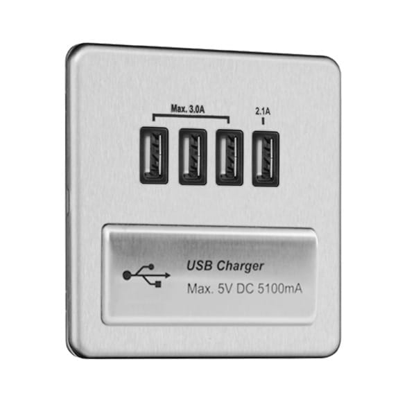 Flat Plate Screwless USB Socket Outlet with Quad USB Charger (5.1A)