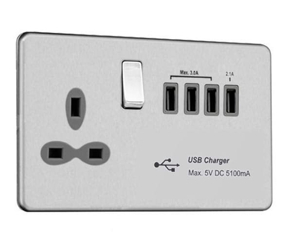 Slimline Screwless 13 AMP Socket Outlet with Quad USB Charger (5.1A)