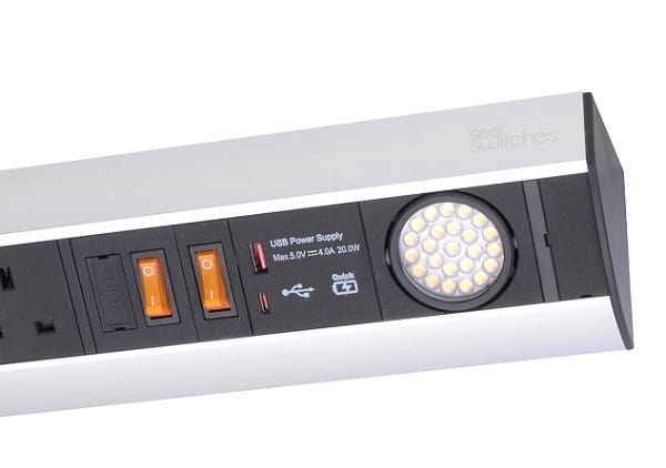 Power Station (Under Cabinet) – with 2 LED spot light, 3 Sockets & Dual USB Quick charger
