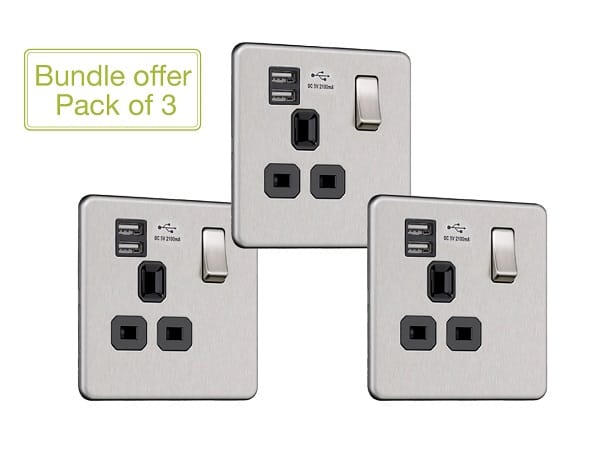 Flat Plate Screwless 1G Socket with Dual USB Charger (2.1A) (Pack of 3)