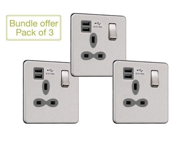 Slimline Screwless 1G Socket with Dual USB Charger (2.1A) (Pack of 3)