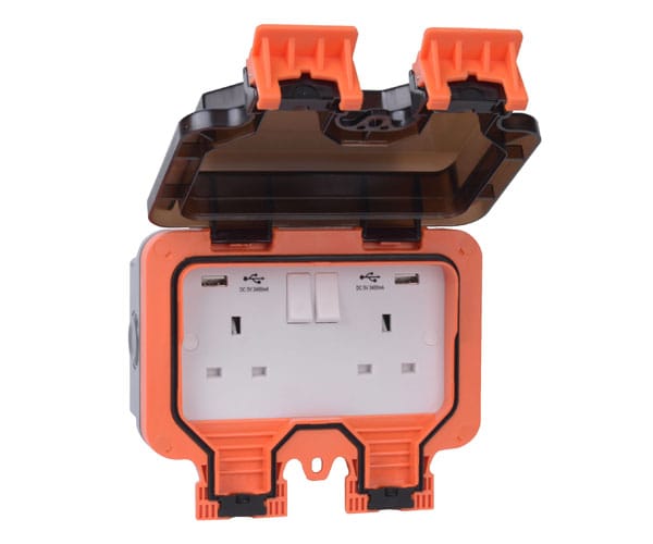 Weather Proof 2G 13A Switched Socket with with Dual USB-A Charger