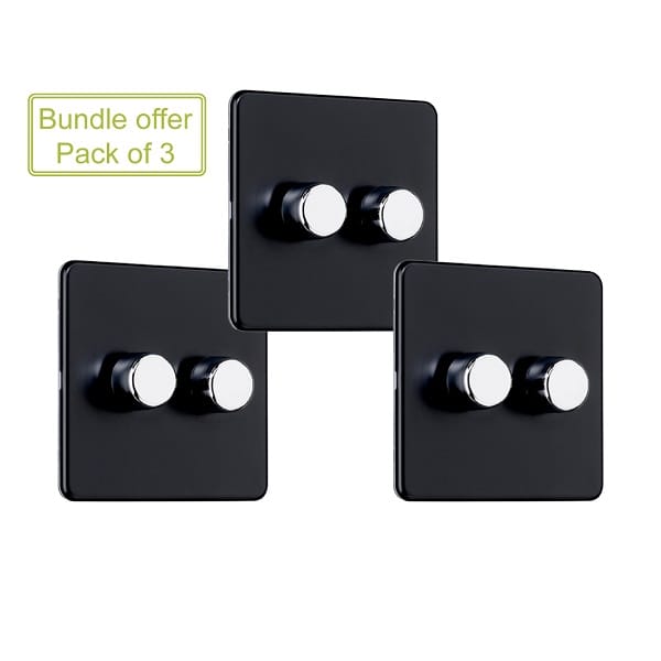 Slimline Screwless 2G 2 way 400W Double Dimmer Switch (Pack of 3)