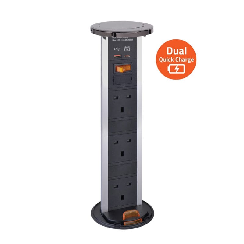 Waterproof – Pop up socket with 3 Socket & Dual USB Quick charger