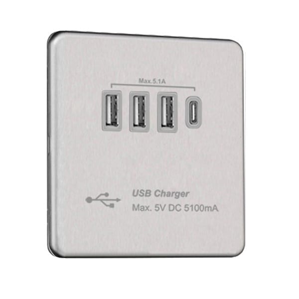 Slimline Screwless Quad USB A+C 5.1A USB Socket Outlet