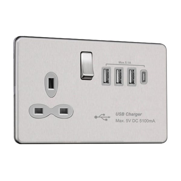 Slimline Screwless 13A Switched Socket with Quad USB A+C Charger – MAX. 5.1A