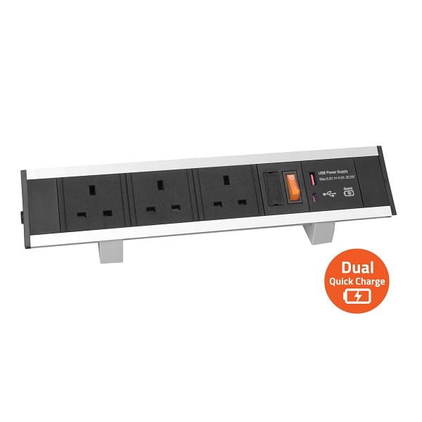 Power Station – 3 Socket & Dual USB Quick charger (Surface mount)