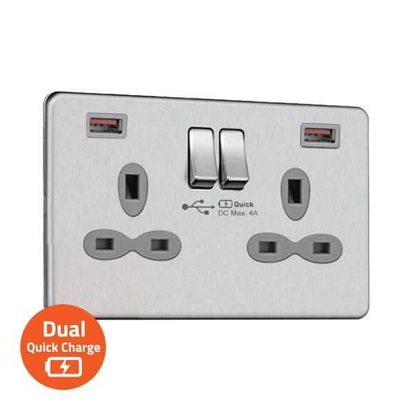 Slimline Screwless 2G Socket with Dual USB-A Quick Charger (4A)