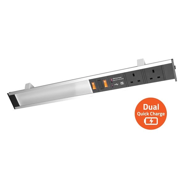 Power Station – 2 x BS socket with LED Strip Light & Dual USB Quick charger (Surface mount)