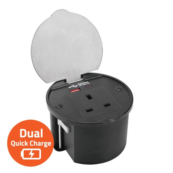 Waterproofed Desktop Power Station (recessed mount) 1 socket with Dual USB-A+C Quick Charger