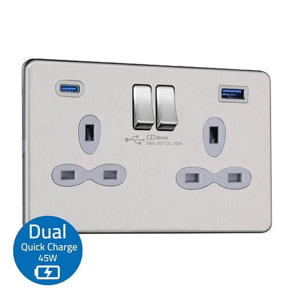 Slimline Screwless 13A 2G Switched Socket with 45W Synchronize Quick Charger of USB-A & C