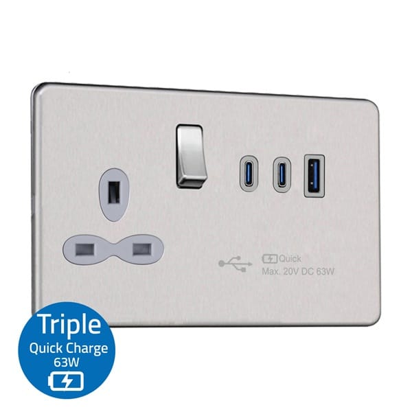 Slimline Screwless 13A 1G Switched Socket with 63W Triple USB Quick Charger of USB-A & C