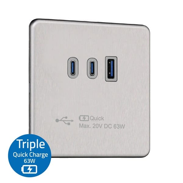 Slimline Screwless 1G with 63W Triple USB Quick Charger of USB-A & C