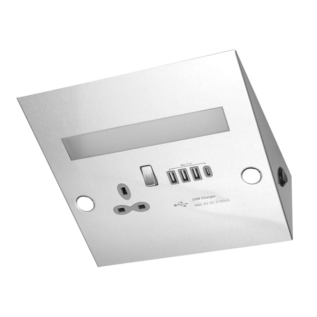 USB Power Station (Under Cabinet) with BS Socket, Quad USB A+C Charger and LED Light